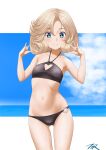  1girl artist_name bangs bikini black_bikini blonde_hair blue_eyes blue_sky breasts clothing_cutout cloud commentary_request cowboy_shot heart_cutout highres horizon janus_(kancolle) kantai_collection looking_at_viewer o-ring o-ring_bottom ocean parted_bangs short_hair sky small_breasts solo standing swimsuit t2r 