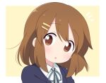  1girl :o bangs blue_jacket blue_ribbon blush border brown_eyes brown_hair collared_shirt commentary_request eyebrows_visible_through_hair hair_ornament hairclip head_tilt hirasawa_yui jacket k-on! looking_at_viewer neck_ribbon outside_border parted_lips ribbon sakuragaoka_high_school_uniform school_uniform shirt short_hair simple_background solo upper_body white_border white_shirt yasakana_tooi yellow_background 