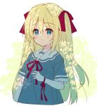  1girl bangs blonde_hair blue_dress blue_eyes blush_stickers bow closed_mouth cropped_torso dress eyebrows_visible_through_hair hair_between_eyes hair_bow highres light_smile long_hair meito_(maze) neck_ribbon original red_bow red_ribbon ribbon sailor_collar sailor_dress short_sleeves solo two_side_up upper_body very_long_hair white_sailor_collar 
