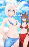  2girls absurdres akagi_(azur_lane) akagi_(paradise_amaryllis)_(azur_lane) animal_ear_fluff animal_ears azur_lane bikini blue_bikini blue_eyes blue_sarong blue_sky breasts brown_hair brown_tail cleavage eyeliner fox_ears fox_tail hand_on_own_chest heart highres huge_filesize kaga_(azur_lane) kaga_(everlasting_killing_stone)_(azur_lane) kitsune kyuubi large_breasts long_hair makeup medium_breasts multiple_girls multiple_tails official_alternate_costume red_bikini red_eyes red_sarong samip sarong short_hair sky swimsuit tail two-tone_bikini white_bikini white_hair white_tail 