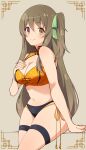  assault_lily bikini brown_hair hair_ribbon hand_on_own_chest heterochromia highres kuo_shenlin long_hair motsutoko navel ribbon simple_background smile solo swimsuit yellow_nails 