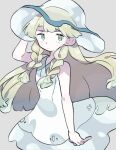  1girl bangs bare_arms blonde_hair braid closed_mouth collared_dress commentary_request donguri_big dress gen_7_pokemon green_eyes hat highres lillie_(pokemon) long_hair nihilego pokemon pokemon_(game) pokemon_sm see-through sleeveless sleeveless_dress solo sundress transparent_headwear twin_braids ultra_beast white_dress 