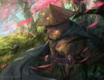  absurdres animal animal_focus artstation_username brown_hair cape cheemsburger_(doge) commentary day dog doge english_commentary galopes grass hat highres katana motion_blur no_humans original outdoors petals rice_hat sheath sheathed stone sword tearing_up tree watermark weapon web_address wind 