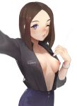  1girl black_shirt blue_nails blush breasts breasts_apart brown_hair collared_shirt hand_up highres medium_breasts medium_hair nipples no_bra obychny one_eye_closed samsung samsung_sam shirt shirt_tucked_in simple_background solo upper_body white_background 