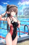  1girl :p ahoge arm_up armpits bare_arms bare_shoulders black_swimsuit breasts brown_hair chain-link_fence cleavage closed_mouth clothes_pull cloud collarbone commentary competition_swimsuit covered_navel cowboy_shot day duplicate earrings fence goggles groin hair_ornament hairclip hand_up highleg highleg_swimsuit highres jewelry large_breasts lkeris long_hair looking_at_viewer one-piece_swimsuit orange_eyes original outdoors pixel-perfect_duplicate ponytail pool sidelocks smile smirk solo standing sunlight swimsuit swimsuit_pull thighs tongue tongue_out wet 