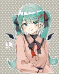  1girl absurdres aqua_eyes aqua_hair artist_logo artist_name bandaid bandaid_on_neck black_ribbon black_shirt blouse blush buttons commentary demon_wings ear_piercing grey_background hair_ornament hatsune_miku heart heart_hair_ornament highres licking_lips long_hair long_sleeves looking_at_viewer neck_ribbon piercing pink_blouse polka_dot polka_dot_background red_ribbon ribbon shirt solo tongue tongue_out twintails upper_body vampire_(vocaloid) vocaloid wandu_muk wings 