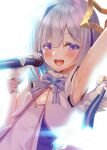  1girl :d amane_kanata angel angel_wings arm_up armpits asymmetrical_hair backlighting blue_hair blue_neckwear blush bob_cut bow bowtie colored_inner_hair feathered_wings gloves hair_over_one_eye half-closed_eyes halo highres holding holding_microphone hololive hololive_idol_uniform idol looking_at_viewer microphone mini_wings mizuno_kurage multicolored_hair official_alternate_costume open_mouth overexposure pink_hair purple_eyes short_hair silver_hair single_hair_intake sleeveless smile solo star_halo streaked_hair sweat upper_body upper_teeth vest virtual_youtuber white_background white_gloves white_vest white_wings wing_ribbon wings wrist_cuffs 