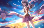  1girl bangs bare_arms beanie blurry breasts closed_mouth cloud commentary_request dawn_(pokemon) eyebrows_visible_through_hair eyelashes floating_scarf gen_3_pokemon hair_ornament hairclip hat highres kneepits long_hair outdoors pokemon pokemon_(creature) pokemon_(game) pokemon_dppt red_scarf scarf sky sleeveless twilight white_headwear wingull yoru_nights 
