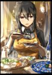  1girl apron black_hair border breasts brown_eyes food highres kantai_collection long_hair looking_at_viewer meal medium_breasts nagato_(kancolle) open_mouth pov_across_table puka_puka seitei_(04seitei) sketch solo upper_body yellow_apron 