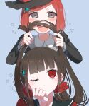  2girls bangs black_headwear blue_background blunt_bangs blush bob_cut brown_hair commentary_request danganronpa_(series) danganronpa_v3:_killing_harmony eyebrows_visible_through_hair fake_facial_hair fake_mustache grey_eyes hair_ornament hair_scrunchie hairclip harukawa_maki hat jian_jing long_hair long_sleeves looking_at_viewer low_twintails mole mole_under_eye multiple_girls open_mouth playing_with_another&#039;s_hair red_hair red_scrunchie scrunchie short_hair simple_background twintails upper_body witch_hat yumeno_himiko 