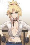  1girl against_railing belt belt_collar black_belt black_gloves blonde_hair blue_pants closed_mouth collar cowboy_shot fate/grand_order fate_(series) gloves green_eyes highres looking_at_viewer mordred_(fate) mordred_(fate)_(all) no_bra open_clothes open_shirt pants ponytail shirt sketch smile smug solo tied_shirt tonee white_shirt 