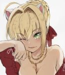  1girl ahoge animal_ears bare_shoulders braid braided_bun breasts cat_day cat_ears cleavage eyebrows_visible_through_hair fate/extra fate_(series) green_eyes hair_bun hair_intakes hand_on_own_cheek hand_on_own_face hand_up jewelry looking_at_viewer necklace nero_claudius_(fate) nero_claudius_(fate)_(all) one_eye_closed paw_pose simple_background smile solo tonee upper_body white_background 