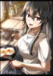  1girl alternate_costume black_hair border breasts cooking food fried_egg hairband highres kantai_collection kitchen long_hair looking_at_viewer medium_breasts open_mouth ponytail seitei_(04seitei) shirt sketch solo upper_body white_shirt yahagi_(kancolle) 