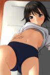  1girl absurdres black_hair blue_buruma blurry blurry_background blush breasts brown_eyes buruma closed_mouth clothes_lift depth_of_field feet_out_of_frame gym_shirt highres looking_at_viewer matsunaga_kouyou mattress navel nose_blush original shirt shirt_lift short_hair short_sleeves small_breasts solo white_shirt wooden_floor 