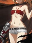  1girl belt bikini bikini_shorts black_belt blonde_hair breasts cape cowboy_shot fate/grand_order fate_(series) gauntlets grin halterneck head_out_of_frame holding holding_sword holding_weapon legs_together mordred_(fate) mordred_(fate)_(all) navel o-ring o-ring_top red_bikini short_shorts shorts single_gauntlet small_breasts smile solo standing swimsuit sword toned tonee weapon white_shorts 