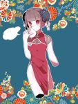  1girl alternate_costume alternate_hairstyle bangs baozi blue_background blunt_bangs breasts brown_hair china_dress chinese_clothes cleavage cleavage_cutout clothing_cutout commentary_request cropped_arms cropped_legs danganronpa_(series) danganronpa_v3:_killing_harmony double_bun dress floral_background floral_print flower food harukawa_maki holding jian_jing looking_at_viewer medium_breasts red_dress red_eyes short_hair solo 