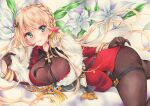  1girl aiguillette ass azur_lane blonde_hair blue_eyes bodystocking braid breasts brown_gloves cleavage crown_braid eyebrows_visible_through_hair floral_background flower fur-trimmed_jacket fur_trim gloves gradient_hair half_gloves howe_(azur_lane) jacket large_breasts long_hair looking_at_viewer lying marker_(medium) multicolored_hair on_side purple_hair red_jacket saya_pr solo traditional_media very_long_hair white_flower 