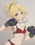  1girl alternate_costume blonde_hair boxing_gloves braid breasts collarbone eyebrows_visible_through_hair fate/apocrypha fate/grand_order fate_(series) green_eyes hair_ornament hair_scrunchie highres long_hair looking_at_viewer mordred_(fate) mordred_(fate)_(all) panties ponytail red_panties red_scrunchie scrunchie small_breasts smile solo teeth tonee underwear 