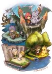  2boys 3girls boco butz_klauser campfire castle chocobo copyright_name dragon faris_scherwiz final_fantasy final_fantasy_v forest galuf_halm_baldesion highres hiryuu_(ff5) komugiko_no_mori krile_mayer_baldesion lenna_charlotte_tycoon moogle multiple_boys multiple_girls nature ocean pirate pirate_ship syldra tree 