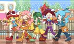  2boys 3girls ahoge amitie_(puyopuyo) bag bangs blue_eyes blush_stickers book bug butterfly closed_eyes commentary_request dadadanoda earrings eyebrows_visible_through_hair glasses green_eyes hair_ornament hat horns insect jewelry klug_(puyopuyo) ladybug lidelle_(puyopuyo) long_hair long_sleeves mortarboard multiple_boys multiple_girls official_style pointing_to_the_side puyopuyo puyopuyo_fever raffina_(puyopuyo) red_eyes short_hair shorts sig_(puyopuyo) skirt smile 
