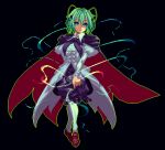  1girl antennae bangs black_background black_cape black_pants brown_footwear cape center_frills contrapposto dress frills full_body green_eyes green_hair juliet_sleeves long_sleeves looking_at_viewer mmmmatimmmmati open_mouth pants puffy_sleeves short_hair simple_background solo standing touhou white_dress white_legwear wriggle_nightbug 