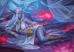  1girl anklet azralith_(warcraft) bare_shoulders barefoot bracelet breasts cleavage colored_skin commission dress ear_piercing earrings elf fingernails grey_skin hair_spread_out highres jewelry large_breasts legs long_eyebrows long_hair lying magic night_elf on_side parted_lips piercing pointy_ears solo sunkeytail warcraft white_dress white_hair white_nails yellow_eyes 