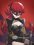  1girl black_legwear black_leotard black_ribbon breasts chain cleavage closed_mouth covered_navel eye_mask flower gloves hair_ribbon highres holding holding_sword holding_weapon leotard looking_at_viewer medium_breasts persona persona_5 persona_5_the_royal ponytail red_eyes red_gloves red_hair ribbon rose sitting smile solo sword thighhighs tonee weapon yoshizawa_kasumi 