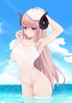 1girl absurdres blue_eyes blue_sky cloud commentary_request covered_navel cowboy_shot day gengetsu_aya highres horizon horns leg_garter long_hair ocean one-piece_swimsuit original outdoors pink_hair sky solo standing swimsuit wading water wet wet_clothes white_headwear white_swimsuit 
