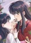  1boy 1girl absurdres black_eyes black_hair blurry blurry_foreground brown_eyes candy chocolate chocolate_heart couple eating eye_contact food green_sailor_collar heart hetero highres higurashi_kagome inuyasha inuyasha_(character) japanese_clothes kimono long_hair long_sleeves looking_at_another popehe red_kimono sailor_collar school_uniform serafuku shiny shiny_hair shirt upper_body valentine white_shirt 