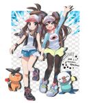  2girls :d antenna_hair arm_up bangs baseball_cap blue_eyes blush boots brown_hair brown_legwear commentary dated eyelashes gen_5_pokemon grin hat hilda_(pokemon) holding_hand kokoroko looking_at_viewer multiple_girls open_clothes open_mouth open_vest oshawott pantyhose pokemon pokemon_(creature) pokemon_(game) pokemon_bw pokemon_bw2 raglan_sleeves rosa_(pokemon) shirt shoes shorts sidelocks smile sneakers socks star_(symbol) starter_pokemon tepig tongue twitter_username vest white_shirt wristband yellow_shorts 