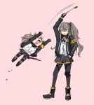  2girls :3 animal_ear_fluff animal_ears arm_up armband arms_up artist_name bangs black_footwear black_gloves black_jacket black_legwear black_neckwear black_skirt blush_stickers boots brown_eyes brown_hair cat_ears cat_tail cat_teaser chibi citron80citron commentary_request cross-laced_footwear crossed_bangs eyebrows_visible_through_hair fangs fingerless_gloves full_body girls_frontline gloves grey_hair hair_between_eyes hair_ornament hand_on_hip highres hood hood_down hooded_jacket jacket jumping kemonomimi_mode knee_pads lace-up_boots long_hair long_sleeves looking_at_another miniskirt multiple_girls navel neck_ribbon one_side_up open_clothes open_jacket open_mouth pantyhose pink_background pleated_skirt ribbon scar scar_across_eye shirt sidelocks simple_background single_knee_pad skirt standing tail ump45_(girls_frontline) ump9_(girls_frontline) white_shirt 