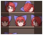  1girl bangs blue_bow bow cupboard disembodied_head english_commentary eyebrows_visible_through_hair glasses hair_bow hair_over_eyes hair_over_one_eye highres mata_(matasoup) multiple_heads multiple_persona red_eyes red_hair sekibanki shadow shelf smile sweatdrop touhou 
