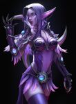  1girl absurdres alisa_nilsen black_background breasts claws colored_skin commentary cowboy_shot dark_elf ear_covers earrings elf english_commentary facial_mark gauntlets hand_up highres jewelry linked_piercing long_hair looking_at_viewer medium_breasts night_elf parted_lips pelvic_curtain piercing pink_skin pointy_ears purple_eyes purple_hair purple_legwear simple_background solo standing thighhighs warcraft world_of_warcraft 