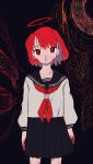  1girl absurdres bangs black_background black_skirt blood blood_on_face bloody_hands collarbone expressionless head_tilt highres long_sleeves looking_at_viewer miniskirt neruzou original pleated_skirt red_eyes red_neckwear school_uniform serafuku short_hair skirt solo 