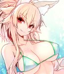  1girl absurdres animal_ears blonde_hair breast_tattoo breasts chest_tattoo cleavage eyebrows_visible_through_hair fang fox_ears highres large_breasts long_hair looking_at_viewer original ponytail red_eyes smile solo swimsuit tattoo wisespeak 
