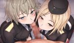  1boy 2girls :&gt;= ass_grab bangs black_gloves blonde_hair blue_eyes brown_eyes censored eyebrows_visible_through_hair fellatio ffm_threesome garrison_cap girls_frontline gloves grabbing_another&#039;s_ass grey_hair groping group_sex hat hetero highres jacket licking licking_penis looking_at_viewer military military_uniform mizukamakiri mosaic_censoring mp40_(girls_frontline) mp41_(girls_frontline) multiple_fellatio multiple_girls necktie oral penis pov short_hair threesome tongue tongue_out uniform 