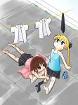  2girls arm_support barefoot blonde_hair blue_eyes brown_eyes brown_hair clothesline drying drying_clothes highres kill_me_baby long_hair lying miniskirt multiple_girls necktie necktie_removed nirata_masoba on_stomach oribe_yasuna pocari_sweat shirt_removed short_hair sitting skirt sonya_(kill_me_baby) towel twintails 