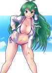  1girl antenna_hair asymmetrical_hair bikini blue_eyes blue_sky breasts cleavage cloud commentary_request frog_hair_ornament green_hair hair_ornament hair_tubes halterneck hand_on_own_leg highres kochiya_sanae large_breasts leaning_forward long_hair looking_at_viewer nioti open_clothes open_shirt scrunchie shirt side-tie_bikini sky snake_hair_ornament solo standing string_bikini swimsuit touhou very_long_hair white_bikini white_shirt wrist_scrunchie 