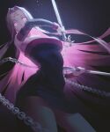  1girl bangs bare_shoulders black_dress breasts chain cleavage collar detached_sleeves dress facial_mark fajyobore fate/stay_night fate_(series) forehead forehead_mark highres large_breasts long_hair looking_at_viewer medusa_(fate) medusa_(rider)_(fate) nameless_dagger_(fate) parted_bangs purple_eyes purple_hair short_dress sidelocks solo thighs very_long_hair 