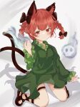 1girl animal_ear_fluff animal_ears blush braid breasts cat_ears cat_tail dress extra_ears green_dress grey_background hand_up highres hitodama kaenbyou_rin kneeling lbwtnnvekvk5fft long_hair multiple_tails nekomata red_eyes red_hair simple_background skull small_breasts smile solo tail touhou twin_braids twintails two_tails 