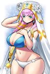  1girl alternate_costume bangs bikini blonde_hair blue_eyes blush breasts closed_mouth curvy fire_emblem fire_emblem_heroes gunnthra_(fire_emblem) hair_ornament hand_on_own_chest hat highres kara_age large_breasts long_hair looking_at_viewer midriff multicolored_hair navel pink_hair smile solo swimsuit thighs two-tone_hair upper_body wide_hips 
