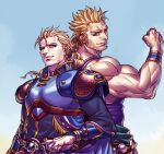  2boys armor back-to-back belt biceps blonde_hair blue_eyes bracer breastplate brothers closed_mouth earrings edgar_roni_figaro final_fantasy final_fantasy_vi hair_ribbon jewelry kagelow king long_hair looking_at_viewer male_focus mash_rene_figaro monk multiple_boys muscular muscular_male pauldrons ponytail ribbon royal short_hair shoulder_armor siblings simple_background smile spiked_hair tank_top twins vambraces 