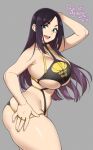  1girl 2021 agawa_ryou bikini black_bikini black_hair breasts cleavage commentary dated english_commentary from_side green_eyes grey_background huge_breasts long_hair looking_at_viewer original purple_hair simple_background skindentation smile solo swimsuit thick_thighs thighs 