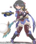  1girl armor black_hair breasts gloves hammer headband highres japanese_clothes kamura_(armor) large_breasts monster_hunter_(series) monster_hunter_rise pauldrons short_hair shoulder_armor simple_background tabi thighhighs weapon yazawa_owl 