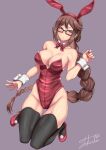  1girl animal_ears bangs bare_shoulders black_legwear blush braid braided_ponytail breasts brown_eyes brown_hair bunny_ears cleavage detached_collar earrings fake_animal_ears fate/grand_order fate_(series) glasses highleg highleg_leotard highres jewelry large_breasts leotard long_hair looking_at_viewer multiple_earrings playboy_bunny red_leotard revision solo strapless strapless_leotard takecha thighhighs very_long_hair wrist_cuffs yu_mei-ren_(fate) 