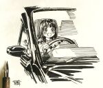  1girl bangs blush breasts car dip_pen driving ground_vehicle highres hiro_(dismaless) long_hair long_sleeves motor_vehicle open_mouth original photo_(medium) seat signature simple_background sitting solo steering_wheel sweater tears traditional_media 