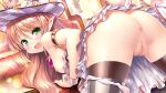  1girl anus armlet bangs bent_over blonde_hair blush breasts censored eyebrows_visible_through_hair game_cg green_eyes hair_between_eyes hat irina_bondarchuk iris_mysteria! long_hair looking_at_viewer looking_back mosaic_censoring nipples official_art open_mouth pointy_ears pussy shiny shiny_clothes shiny_hair shiny_legwear small_breasts thighhighs wrist_cuffs 