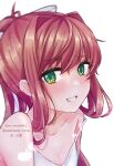  1girl absurdres artist_name bow breasts brown_hair doki_doki_literature_club eyebrows_visible_through_hair green_eyes happy highres long_hair mi_tarou0412 monika_(doki_doki_literature_club) ribbon simple_background smile solo teeth white_bow white_ribbon 