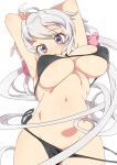  1girl armpits arms_behind_head bikini black_bikini breasts hair_ribbon large_breasts long_hair looking_at_viewer navel pink_ribbon purple_eyes ribbon senki_zesshou_symphogear simple_background solo swimsuit tottotonero very_long_hair white_background white_hair yukine_chris 