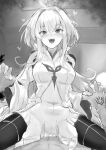  1boy 1girl ahoge bangs blush breasts command_spell fate/grand_order fate/prototype fate_(series) fingerless_gloves girl_on_top gloves greyscale highres holding_hands interlocked_fingers kazami_chiu long_hair long_sleeves looking_at_viewer medium_breasts merlin_(fate/prototype) monochrome open_mouth robe sketch smile straddling thighs very_long_hair wide_sleeves 